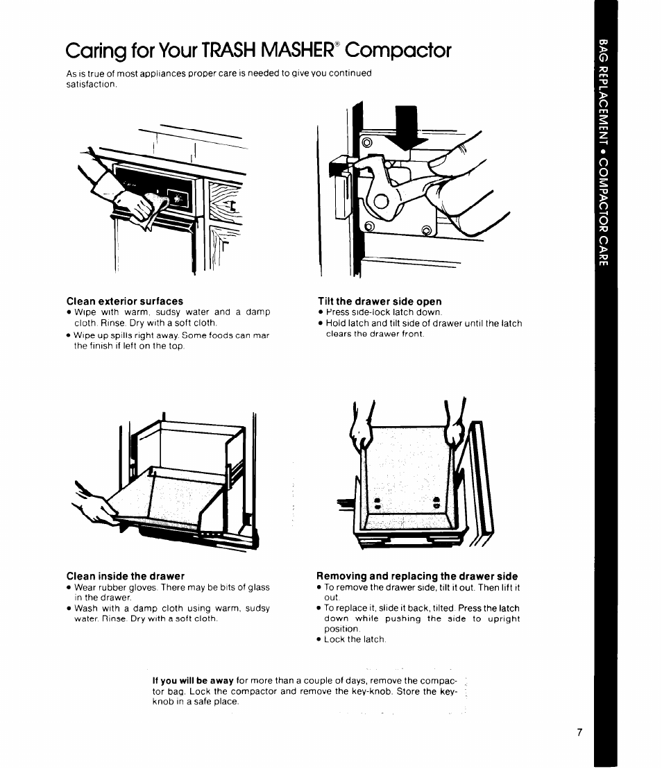 Clean exterior surfaces, Tilt the drawer side open, Clean inside the drawer | Removing and replacing the drawer side, Caring for your trash masher* compactor | Whirlpool TU4000 User Manual | Page 7 / 12