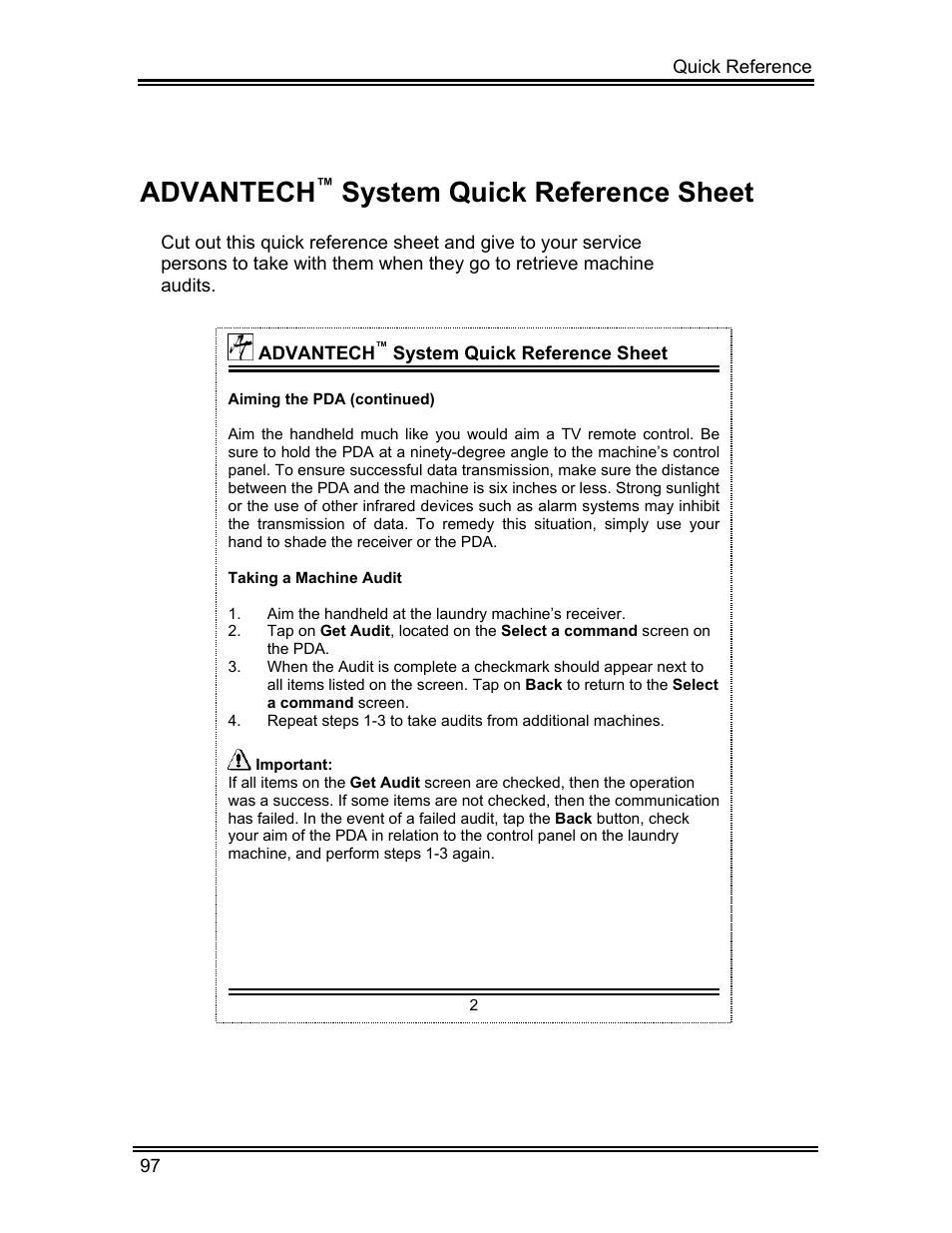 Advantech, System quick reference sheet | Whirlpool ADVANTECH CL-8 User Manual | Page 106 / 108