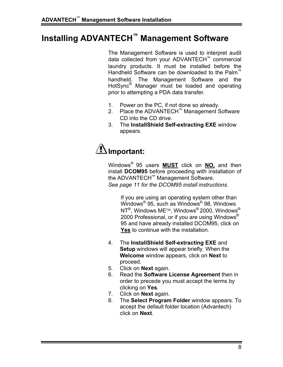 Installing advantech, Management software, Important | Whirlpool ADVANTECH CL-8 User Manual | Page 17 / 108