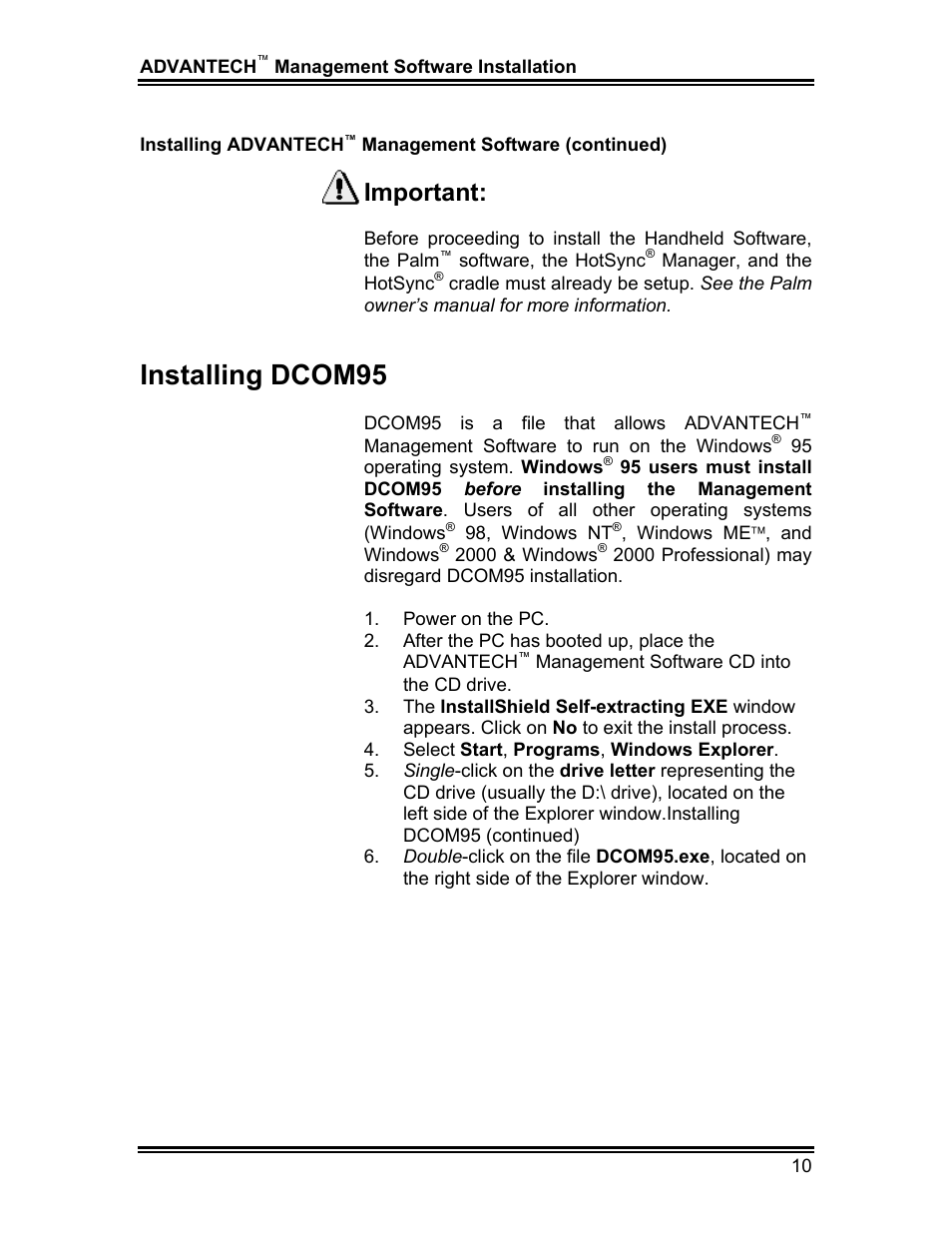 Installing dcom95, Important | Whirlpool ADVANTECH CL-8 User Manual | Page 19 / 108