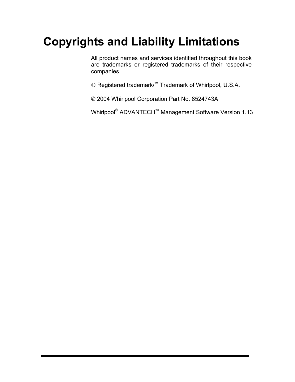 Copyrights and liability limitations | Whirlpool ADVANTECH CL-8 User Manual | Page 2 / 108