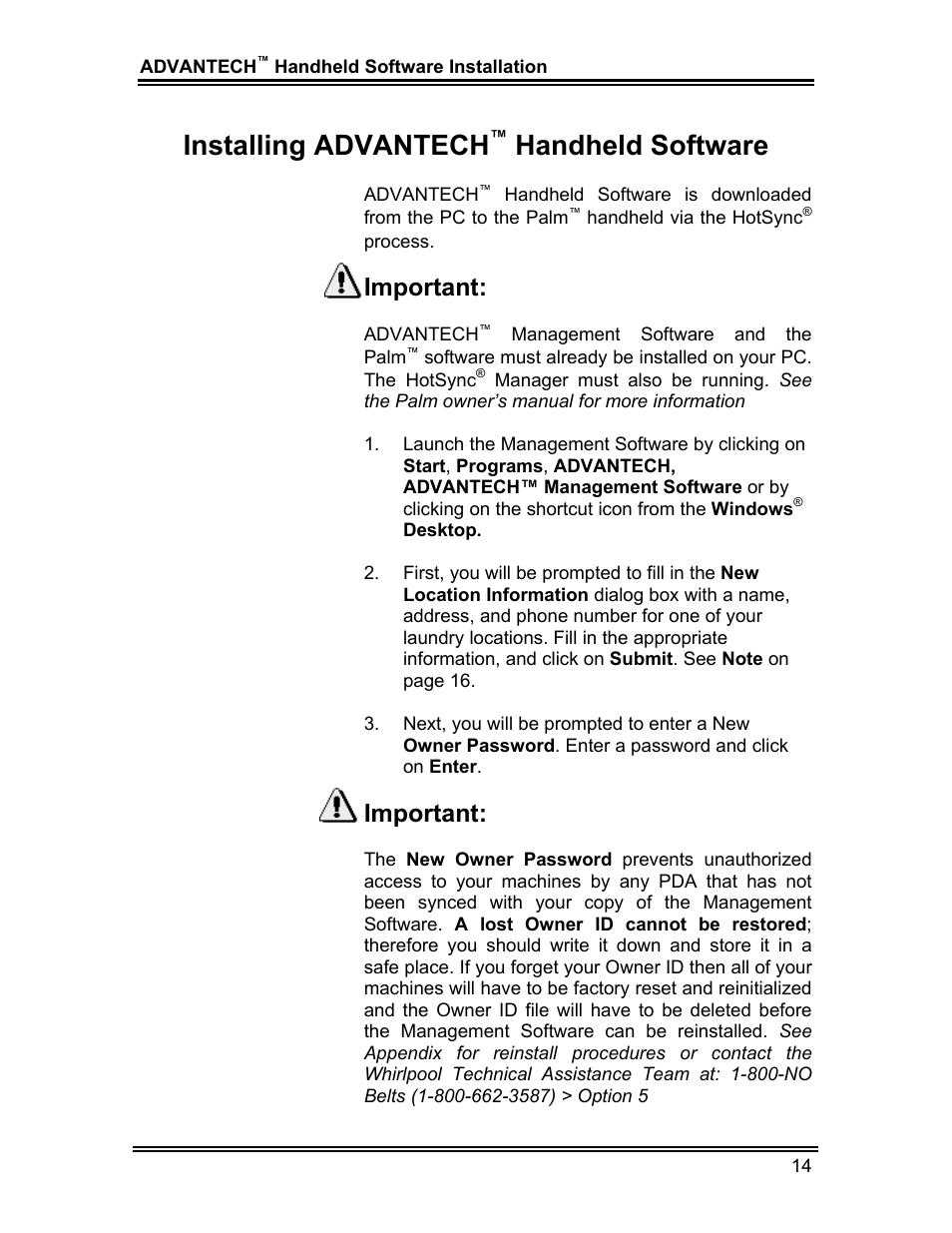Installing advantech, Handheld software, Important | Whirlpool ADVANTECH CL-8 User Manual | Page 23 / 108