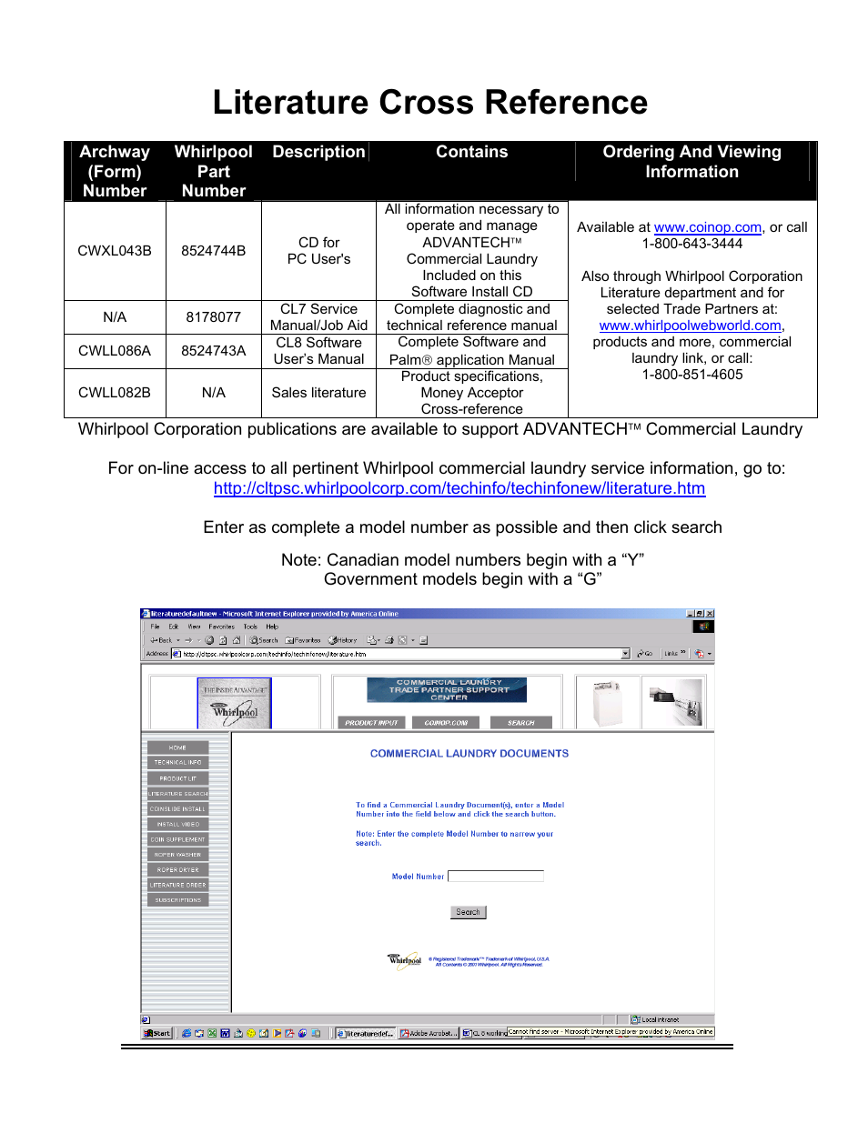 Literature cross reference | Whirlpool ADVANTECH CL-8 User Manual | Page 4 / 108