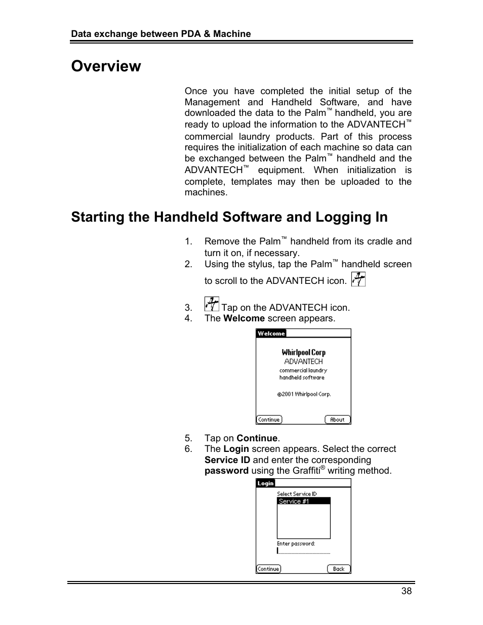 Overview, Starting the handheld software and logging in | Whirlpool ADVANTECH CL-8 User Manual | Page 47 / 108