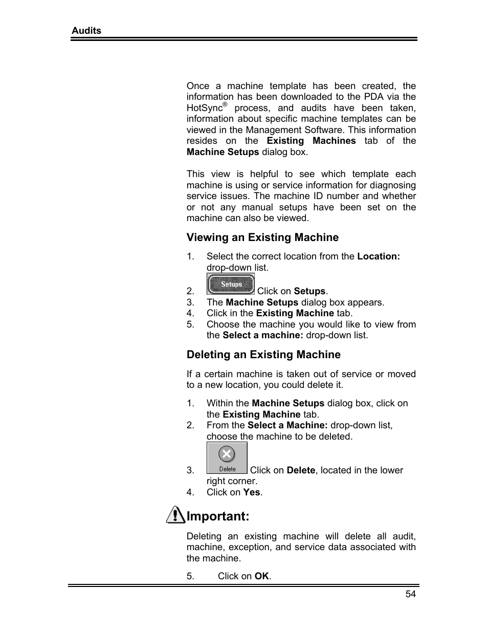 Important, Viewing an existing machine, Deleting an existing machine | Whirlpool ADVANTECH CL-8 User Manual | Page 63 / 108
