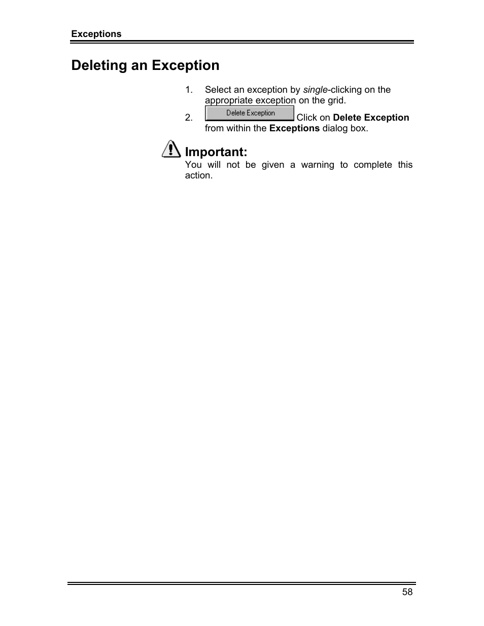 Deleting an exception, Important | Whirlpool ADVANTECH CL-8 User Manual | Page 67 / 108