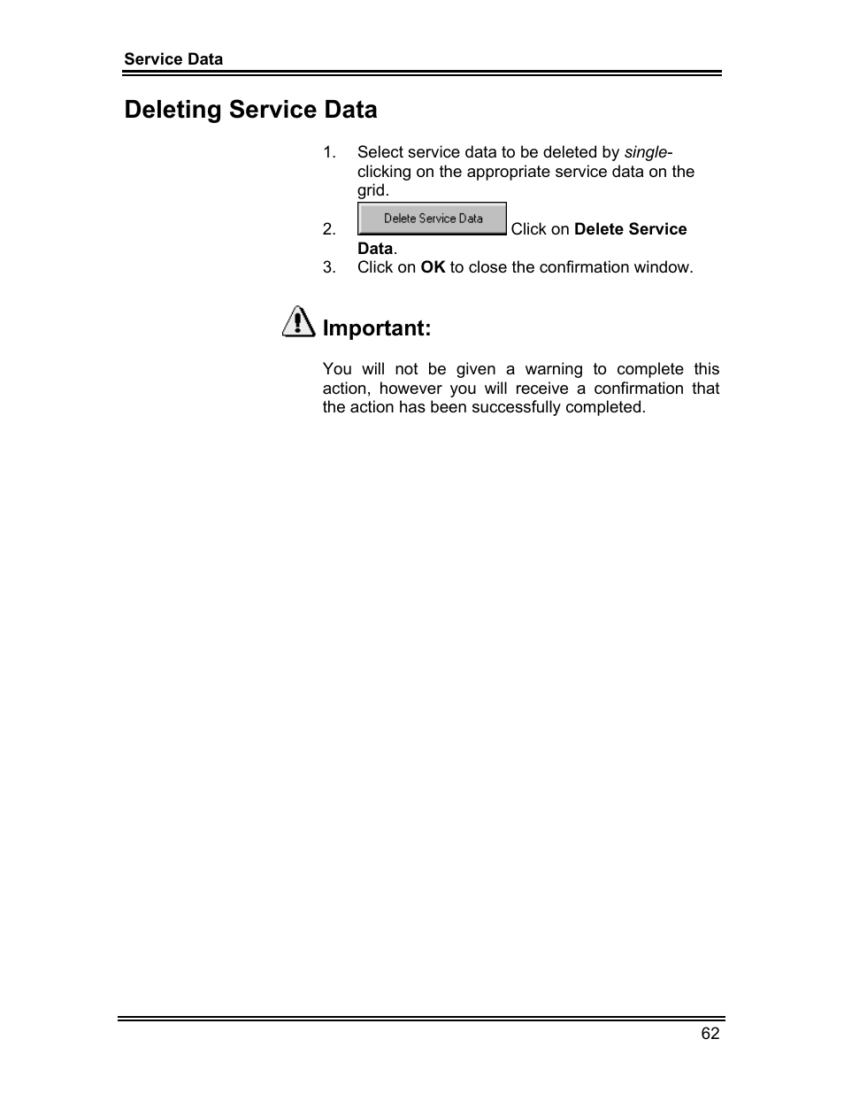 Deleting service data, Important | Whirlpool ADVANTECH CL-8 User Manual | Page 71 / 108