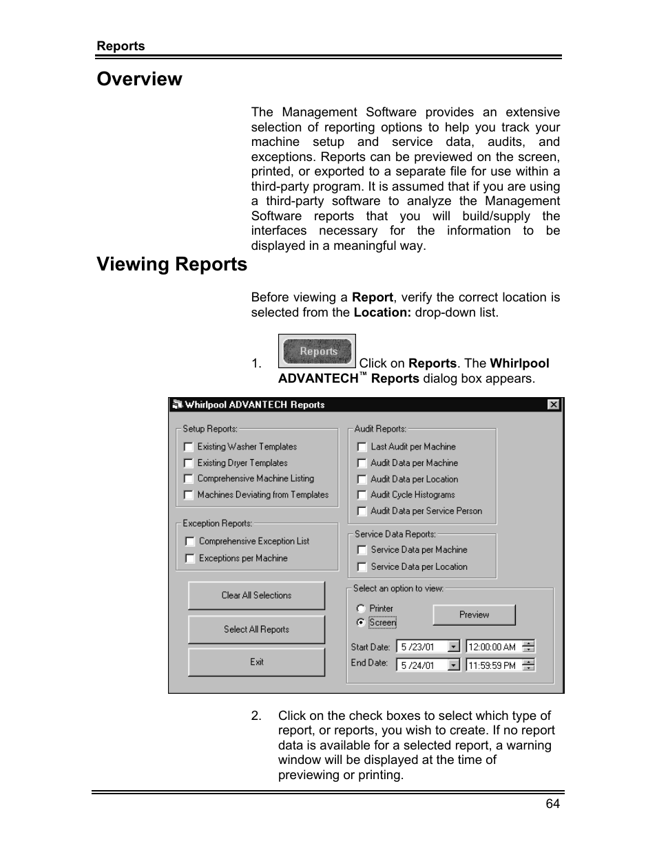 Overview, Viewing reports | Whirlpool ADVANTECH CL-8 User Manual | Page 73 / 108