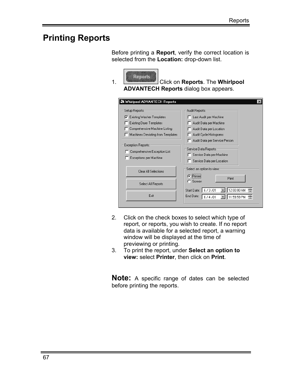 Printing reports | Whirlpool ADVANTECH CL-8 User Manual | Page 76 / 108