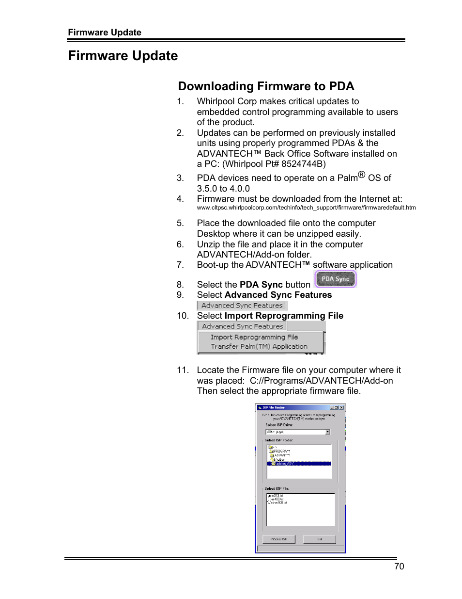 Firmware update, Downloading firmware to pda | Whirlpool ADVANTECH CL-8 User Manual | Page 79 / 108