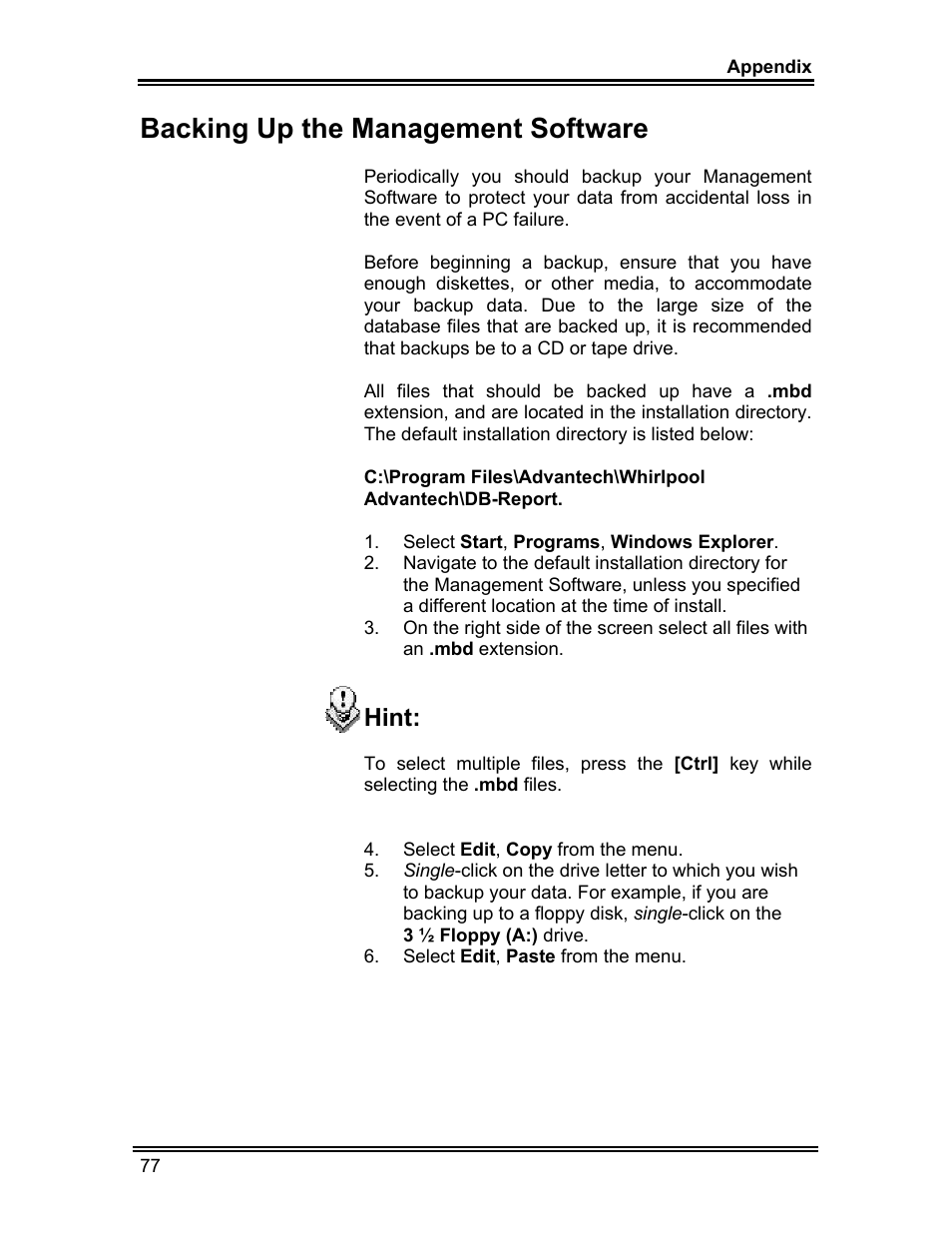 Backing up the management software, Hint | Whirlpool ADVANTECH CL-8 User Manual | Page 86 / 108