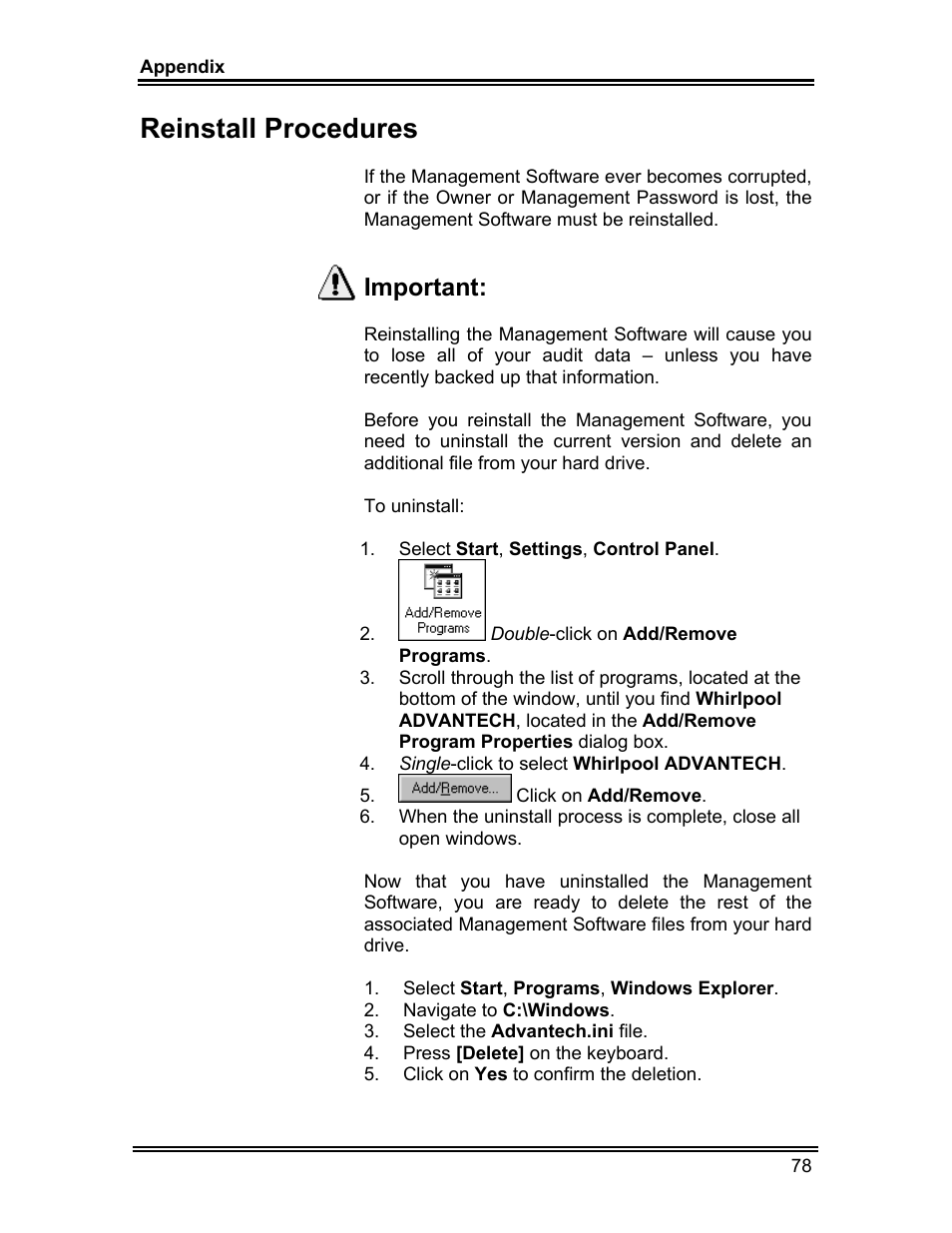 Reinstall procedures, Important | Whirlpool ADVANTECH CL-8 User Manual | Page 87 / 108