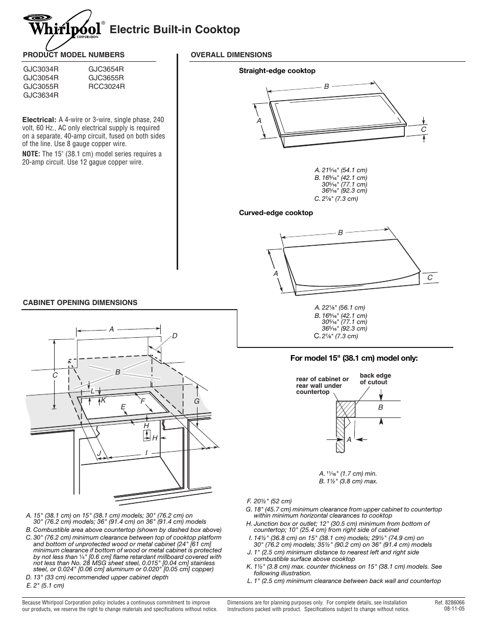 Whirlpool GJC3054R User Manual | 1 page