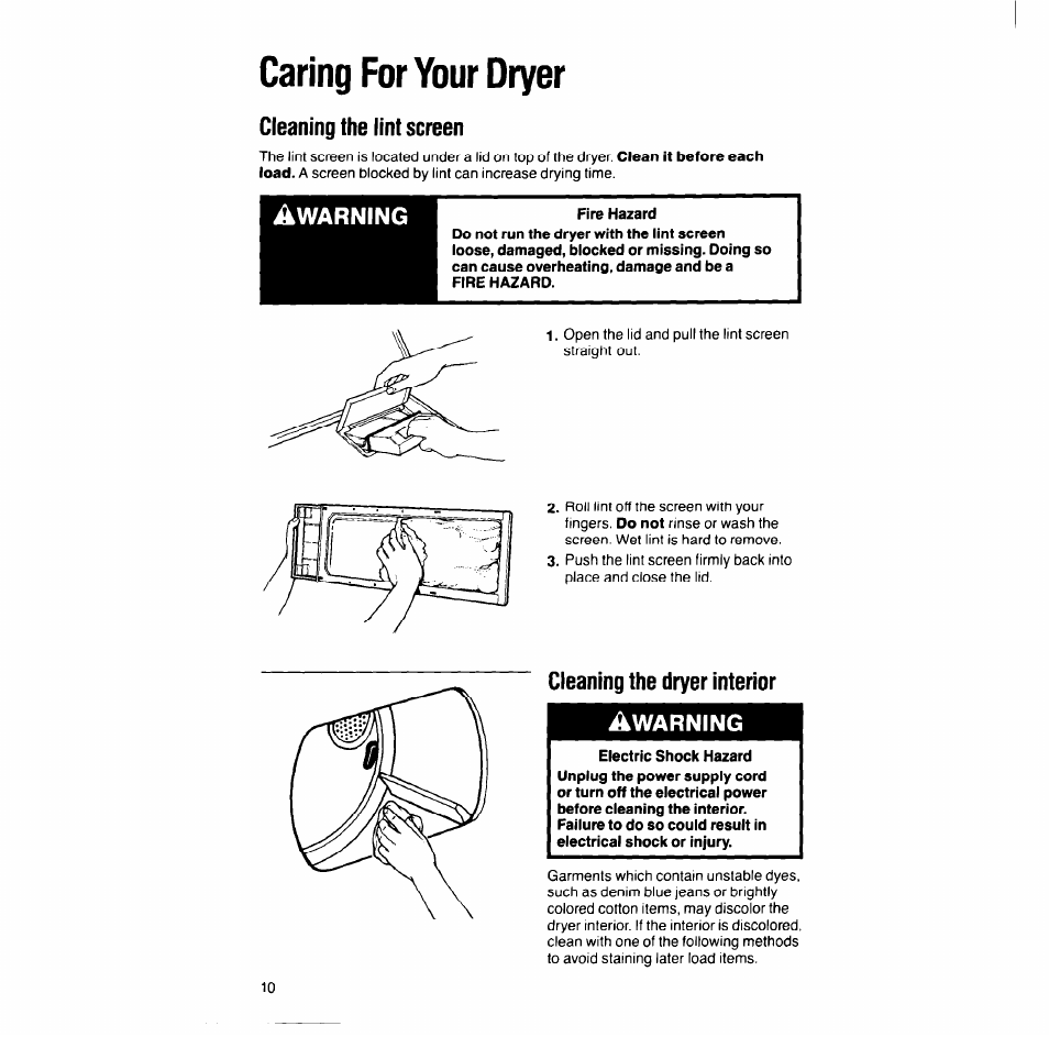 Caring for your dryer, Cleaning the lint screen, Cleaning the dryer interior | Warning, Cleaning the dryer interior ^warning | Whirlpool LG688lXT User Manual | Page 10 / 16