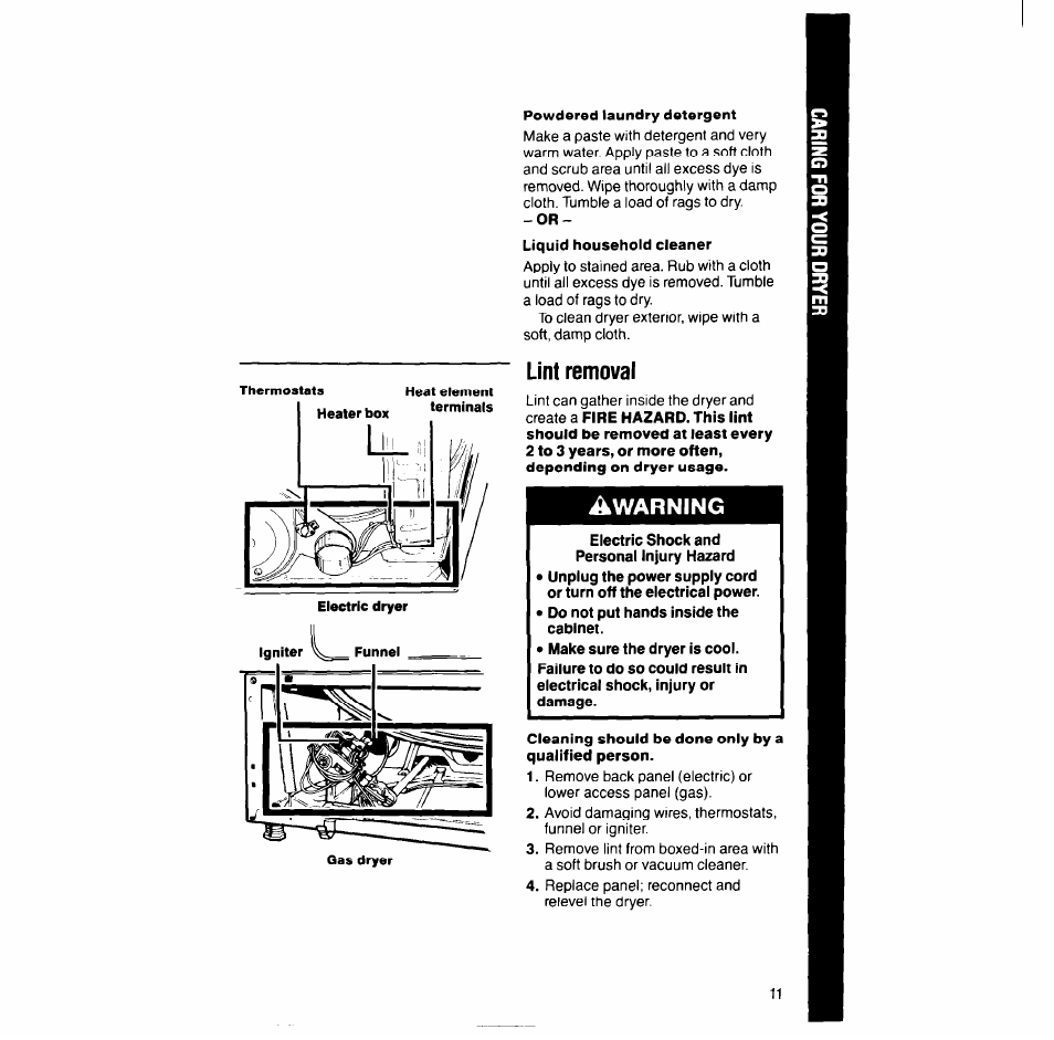 Lint removal, Warning | Whirlpool LG688lXT User Manual | Page 11 / 16