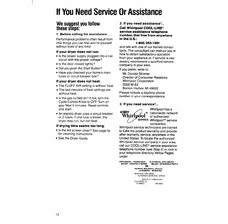 If you need service or assistance, We suggest you follow these steps | Whirlpool LG688lXT User Manual | Page 12 / 16