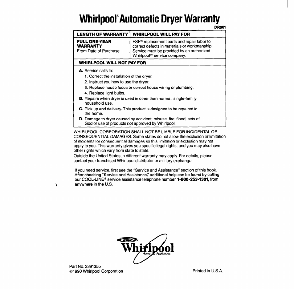 Whiripoor automatic dryer warranty, Whirl | Whirlpool LG688lXT User Manual | Page 16 / 16