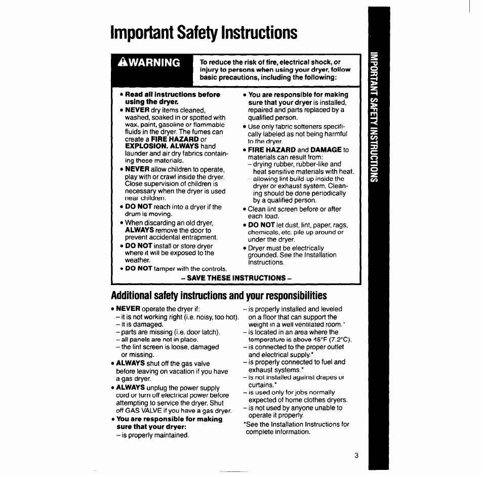 Important safety instructions, Warning | Whirlpool LG688lXT User Manual | Page 3 / 16