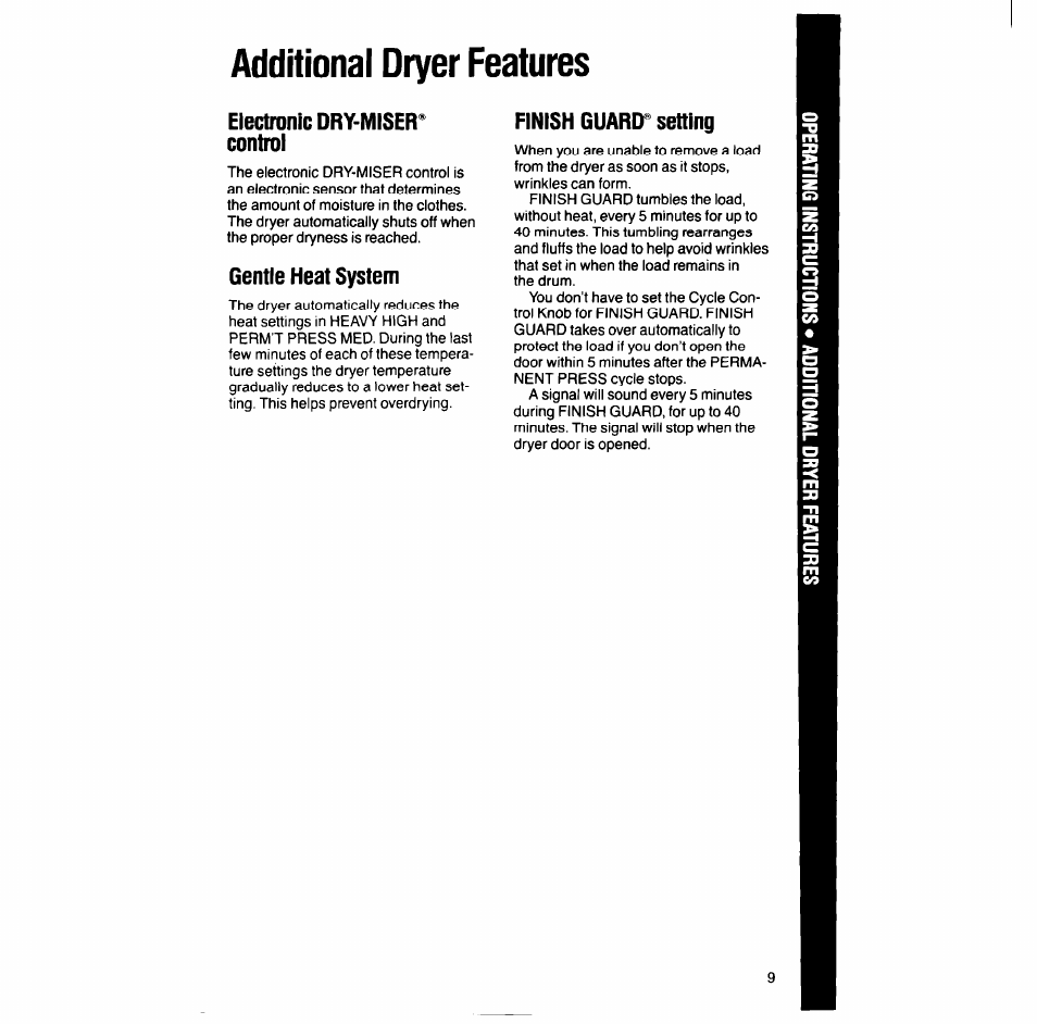 Additional dryer features, Electronic dry-miser” control, Gentle heat system | Finish guard” setting, Gentle heat system finish guard® setting | Whirlpool LG688lXT User Manual | Page 9 / 16