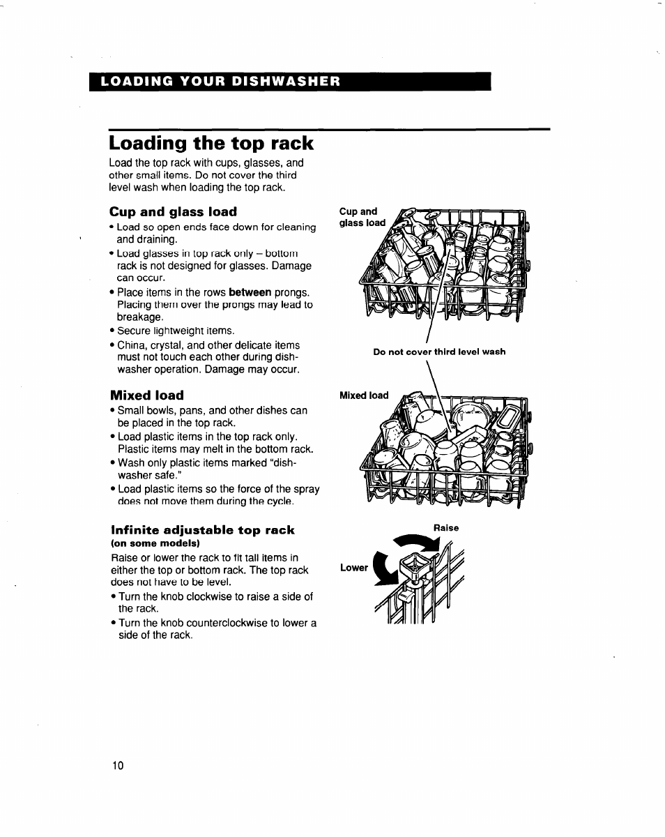 Loading the top rack, Cup and glass load, Mixed load | Infinite adjustable top rack | Whirlpool 915 User Manual | Page 10 / 29