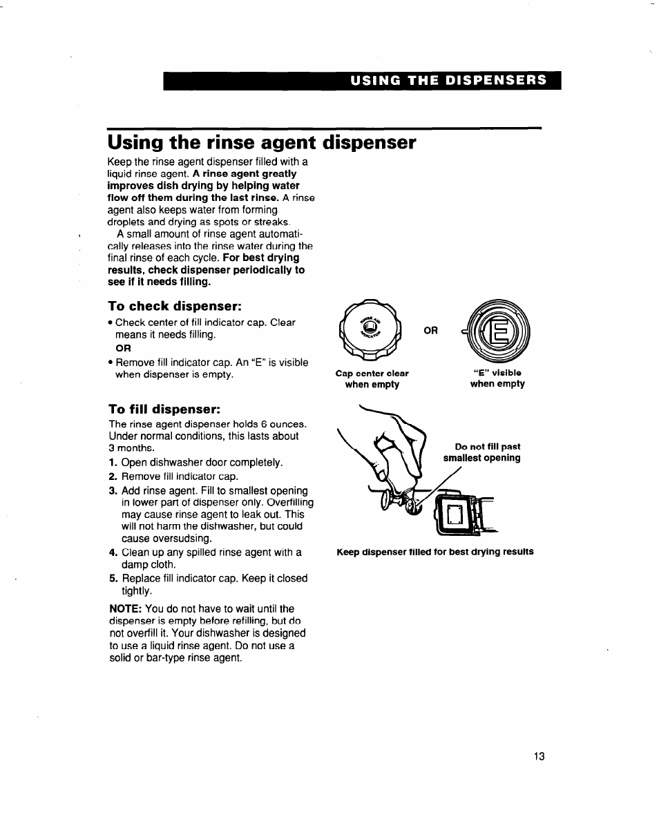 Using the rinse agent dispenser, To check dispenser, To fill dispenser | Whirlpool 915 User Manual | Page 13 / 29