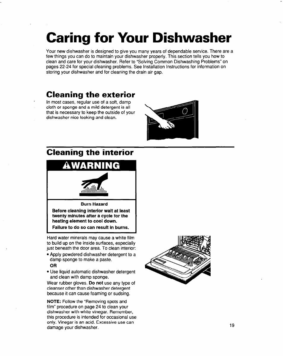 Caring for your dishwasher, Cleaning the exterior, Cleaning the interior | Caring for your, Dishwasher, Warning | Whirlpool 915 User Manual | Page 19 / 29