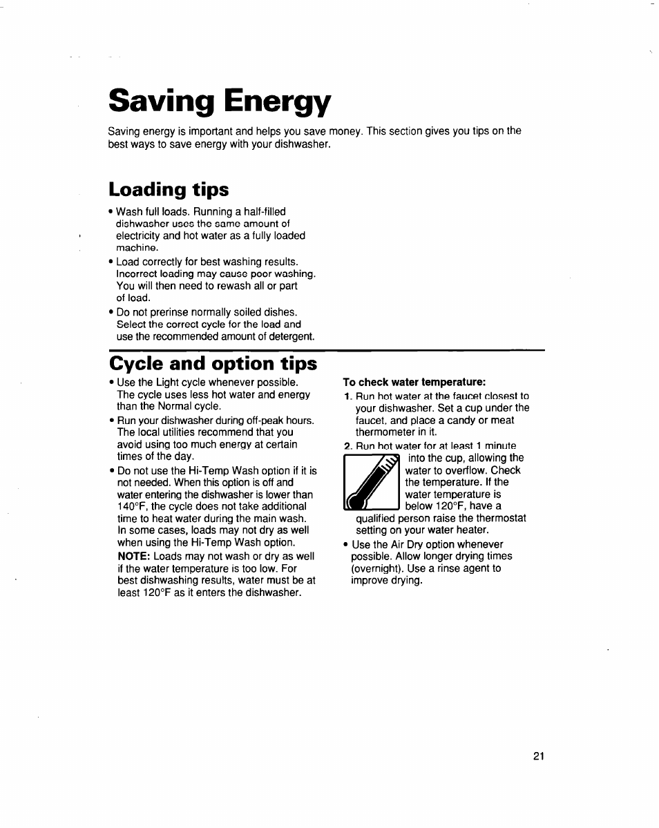 Saving energy, Loading tips, Cycle and option tips | Whirlpool 915 User Manual | Page 21 / 29