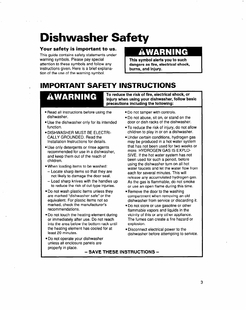 Dishwasher safety, Your safety is important to us, Important safety instructions | Save these instructions, A warning, Awarning | Whirlpool 915 User Manual | Page 3 / 29