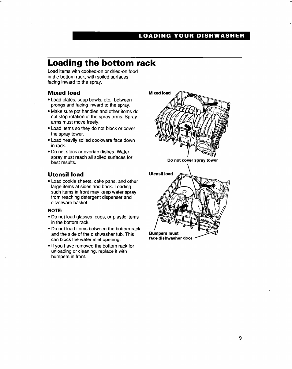 Loading the bottom rack, Mixed load, Utensil load | Whirlpool 915 User Manual | Page 9 / 29