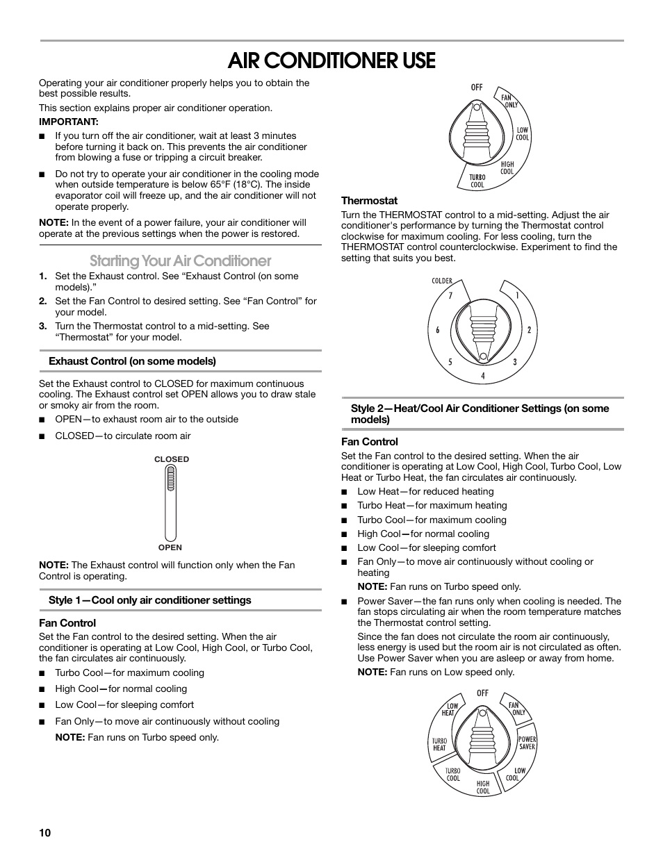 Air conditioner use, Starting your air conditioner | Whirlpool ACE082XP1 User Manual | Page 10 / 28