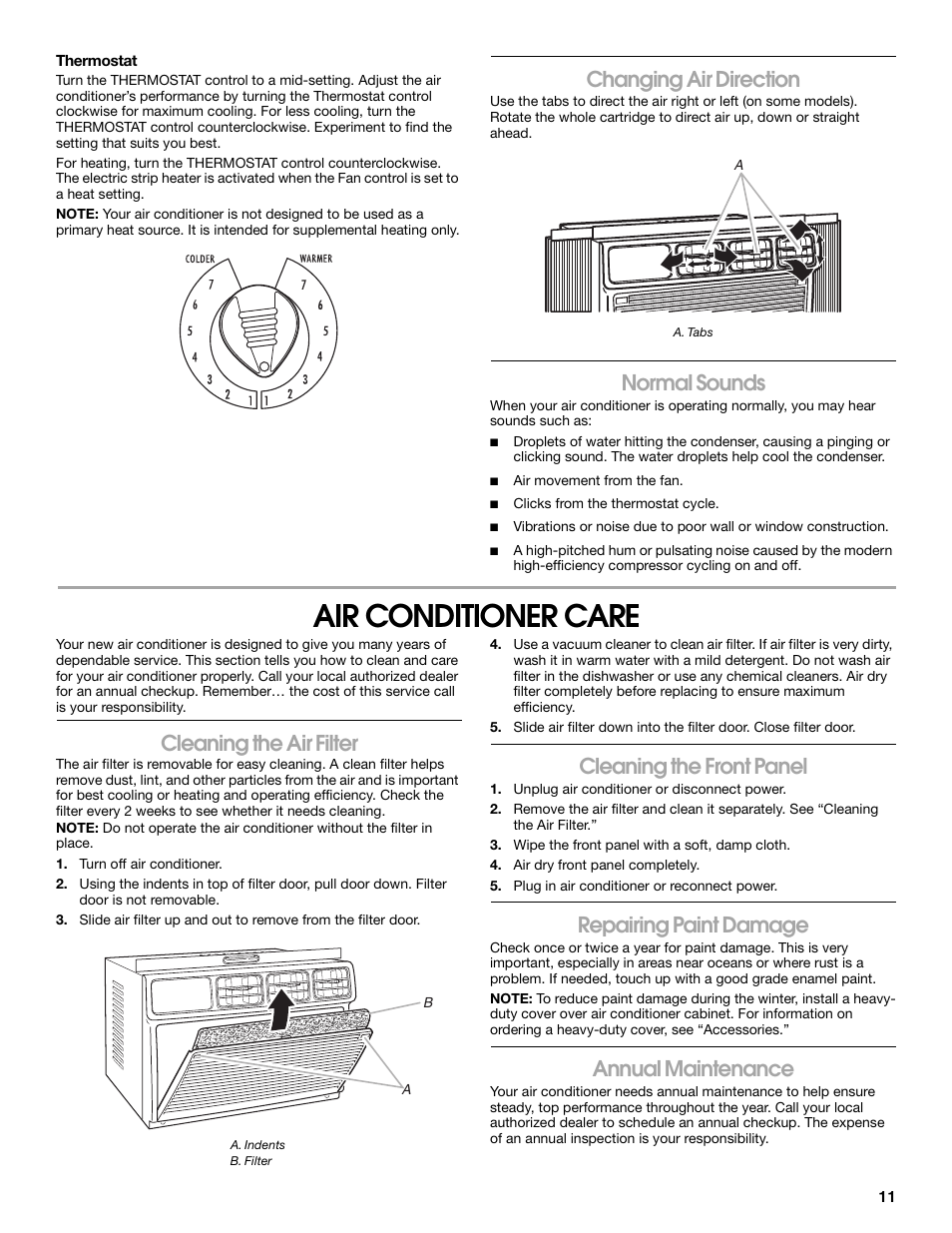 Air conditioner care, Changing air direction, Normal sounds | Cleaning the air filter, Cleaning the front panel, Repairing paint damage, Annual maintenance | Whirlpool ACE082XP1 User Manual | Page 11 / 28