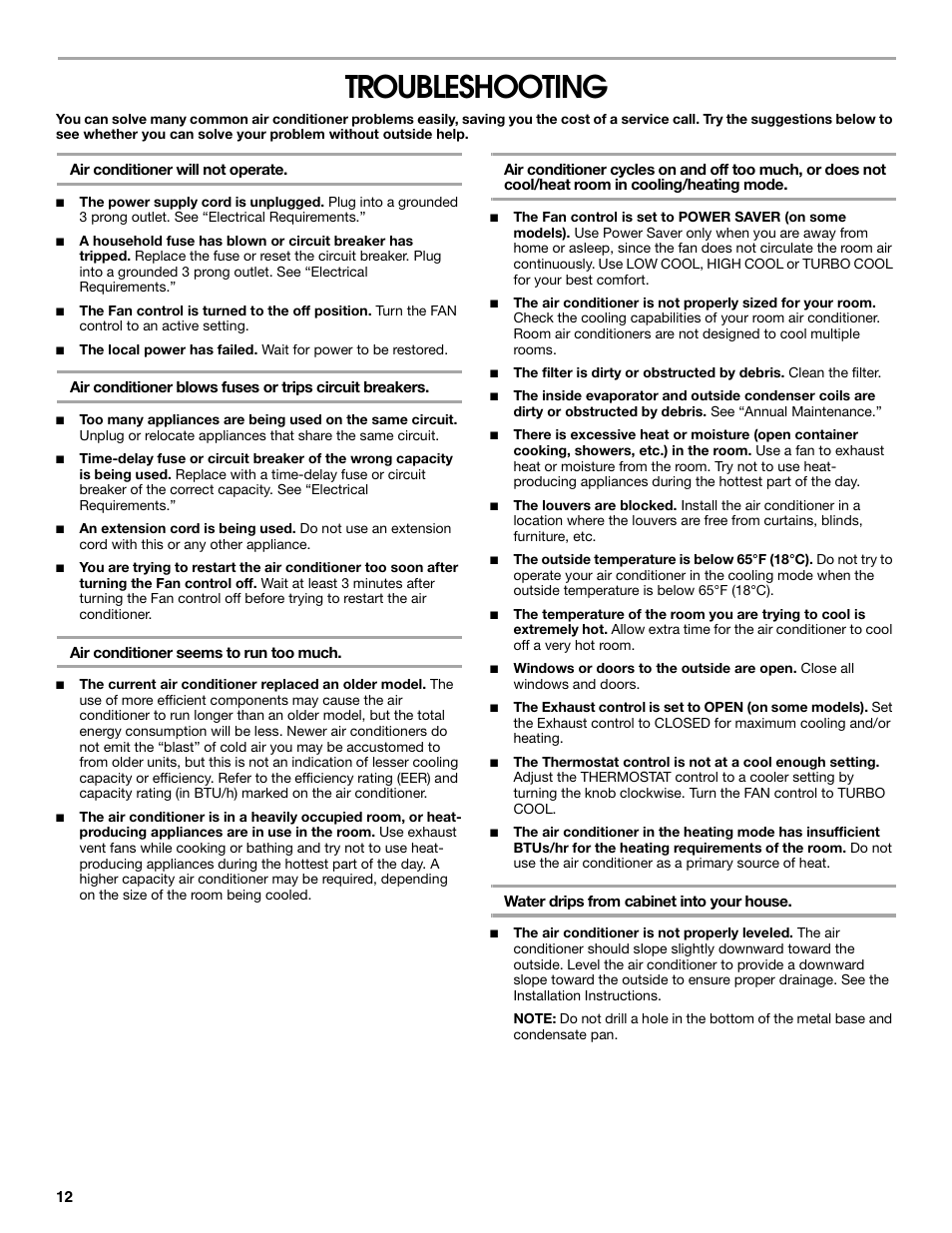 Troubleshooting | Whirlpool ACE082XP1 User Manual | Page 12 / 28