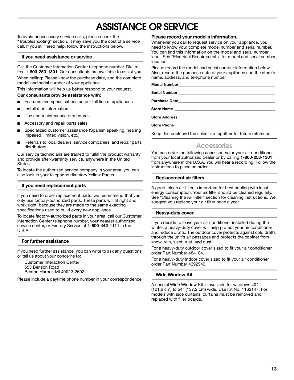 Assistance or service, Accessories | Whirlpool ACE082XP1 User Manual | Page 13 / 28