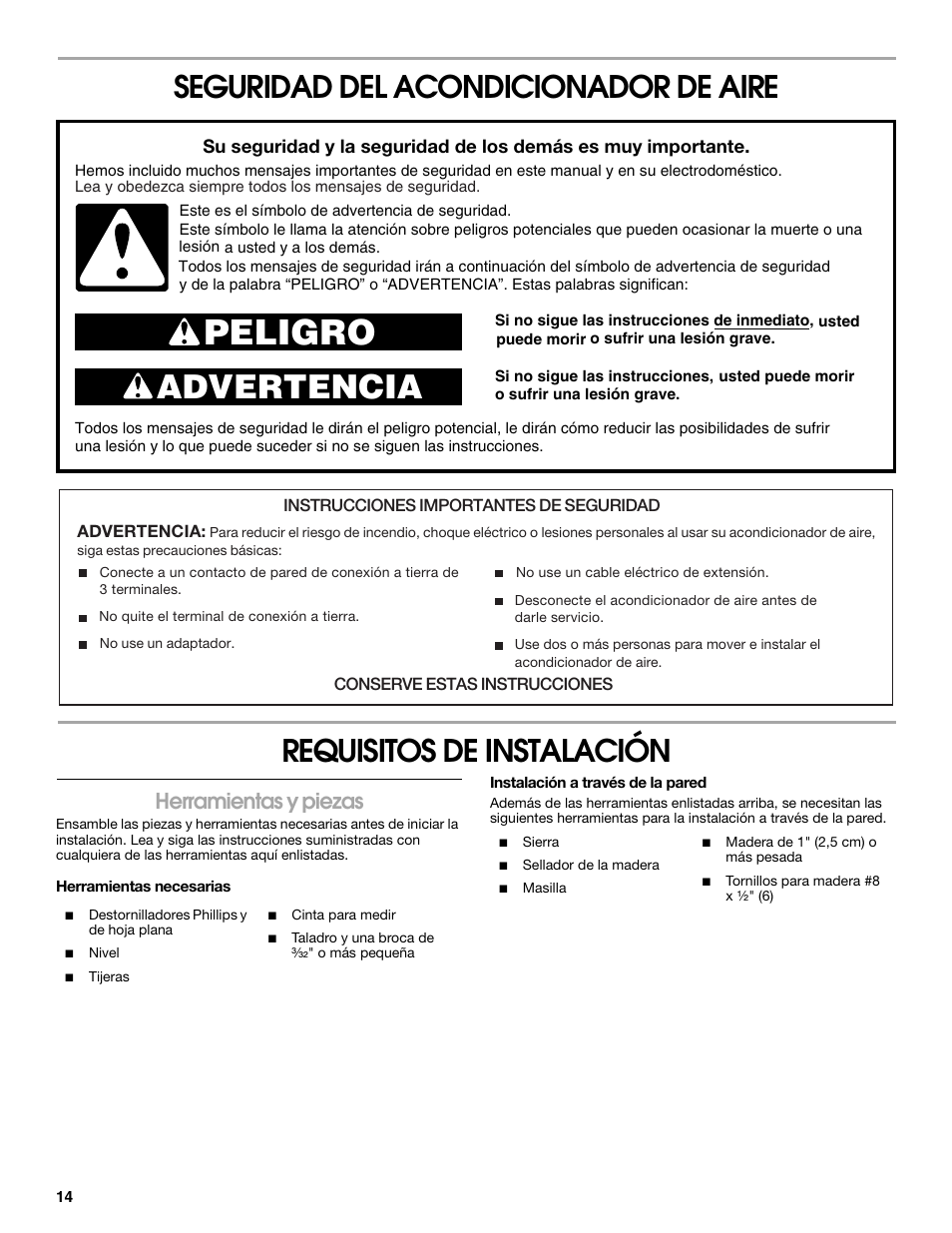 Peligro, Advertencia, Herramientas y piezas | Whirlpool ACE082XP1 User Manual | Page 14 / 28