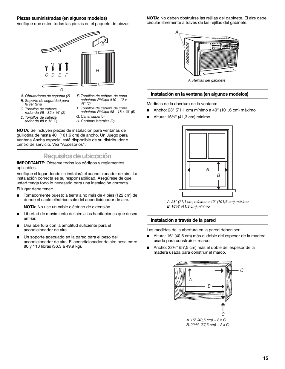 Requisitos de ubicación | Whirlpool ACE082XP1 User Manual | Page 15 / 28