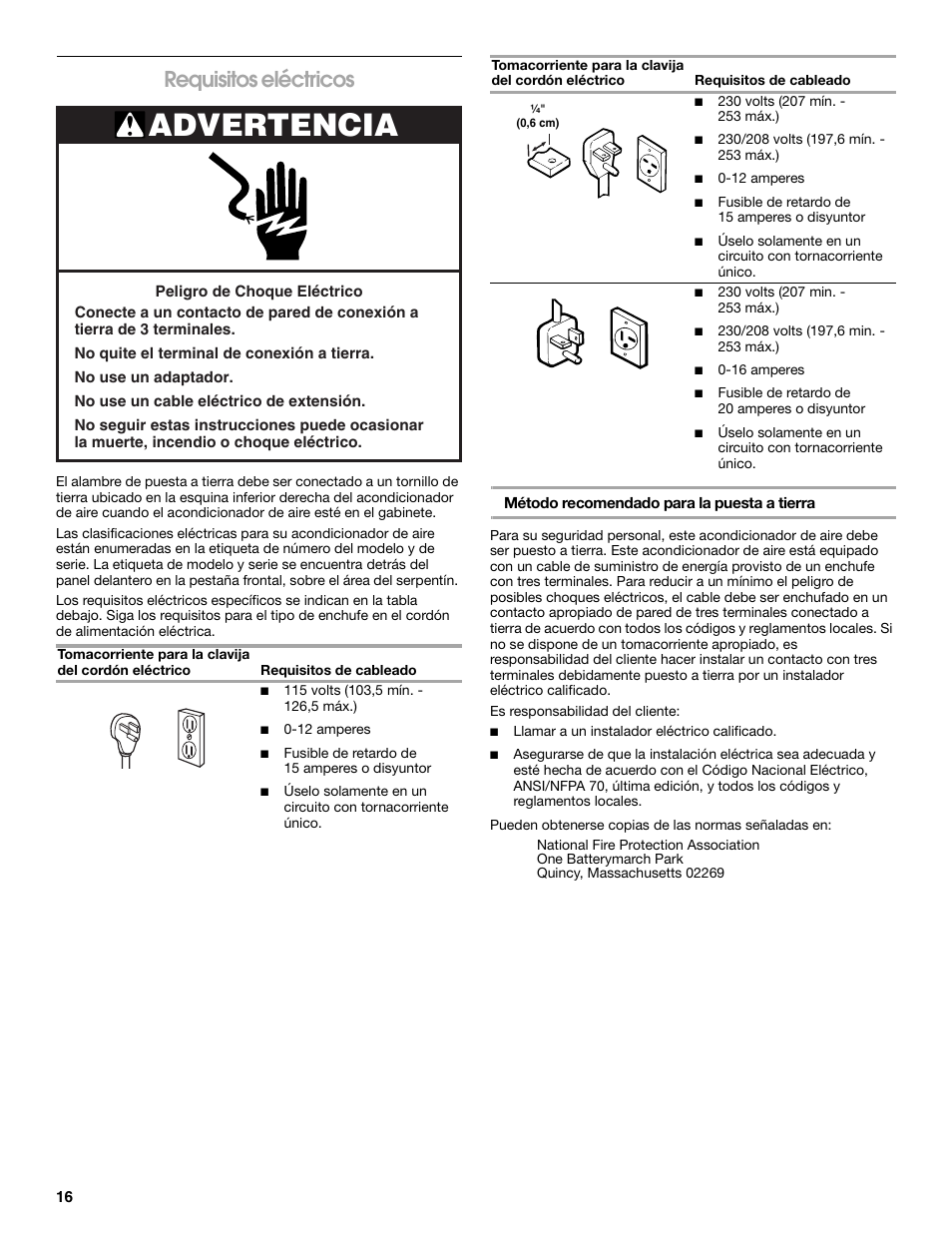 Advertencia, Requisitos eléctricos | Whirlpool ACE082XP1 User Manual | Page 16 / 28