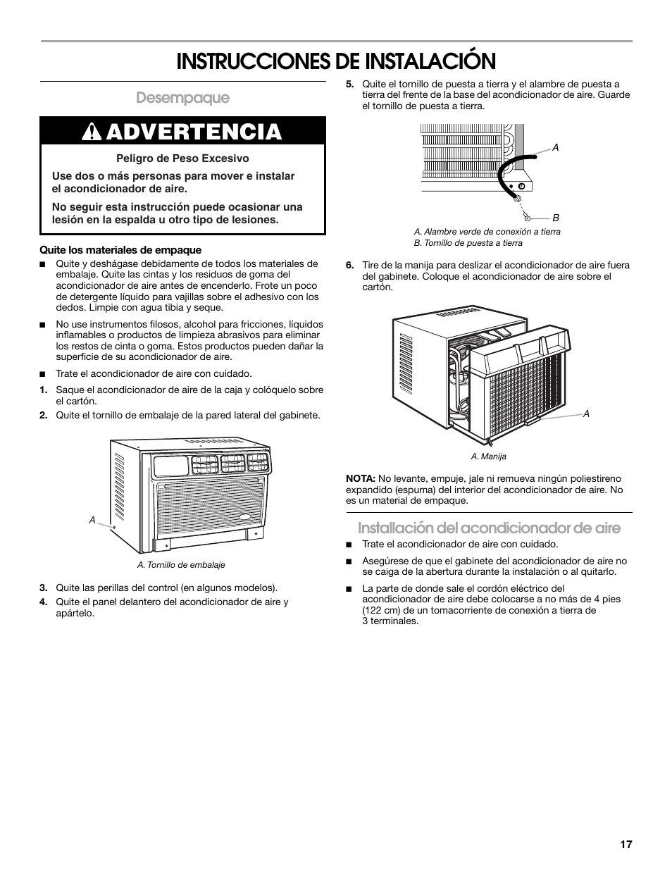 Instrucciones de instalación, Advertencia, Desempaque | Installación del acondicionador de aire | Whirlpool ACE082XP1 User Manual | Page 17 / 28