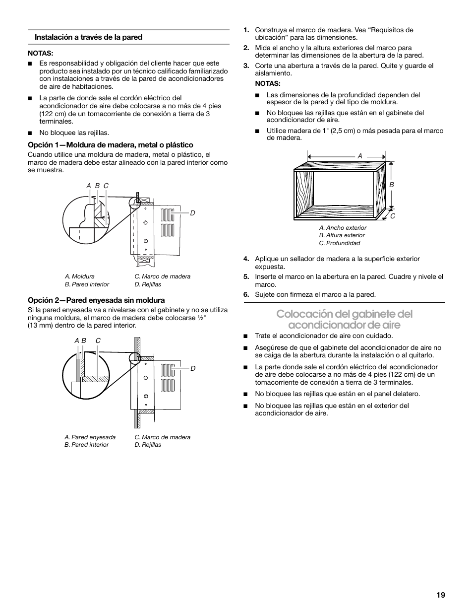 Colocación del gabinete del acondicionador de aire | Whirlpool ACE082XP1 User Manual | Page 19 / 28