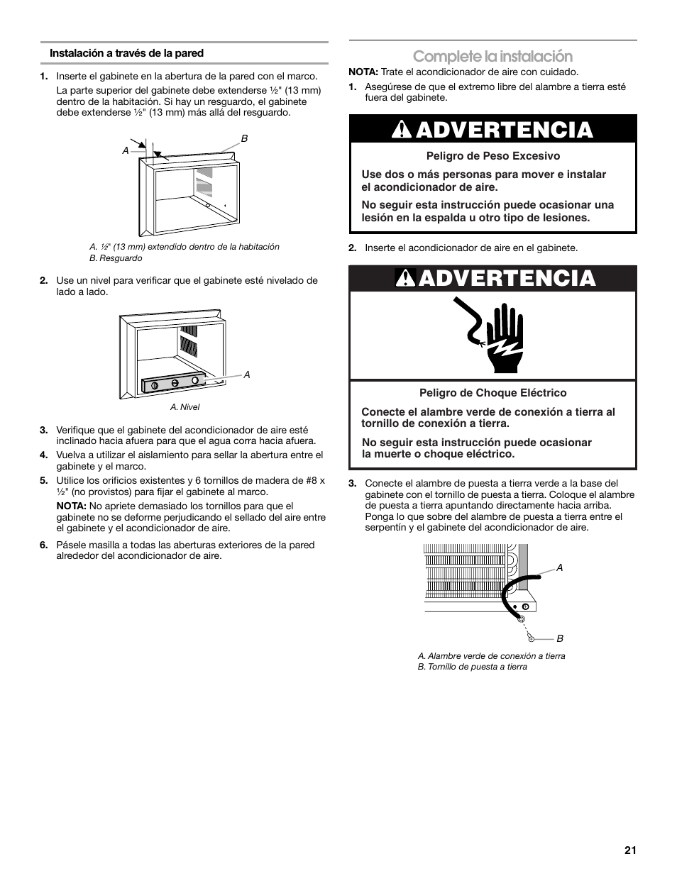 Advertencia, Complete la instalación | Whirlpool ACE082XP1 User Manual | Page 21 / 28