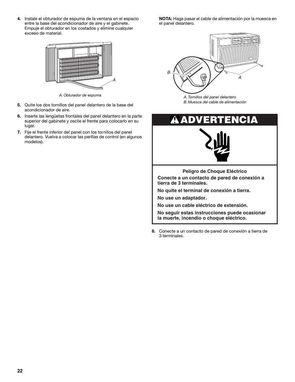 Advertencia | Whirlpool ACE082XP1 User Manual | Page 22 / 28