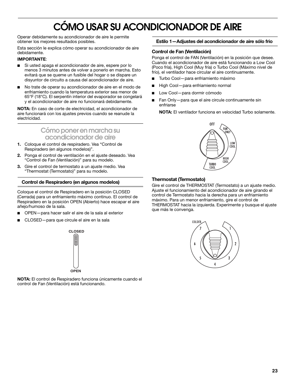 Cómo usar su acondicionador de aire, Cómo poner en marcha su acondicionador de aire | Whirlpool ACE082XP1 User Manual | Page 23 / 28