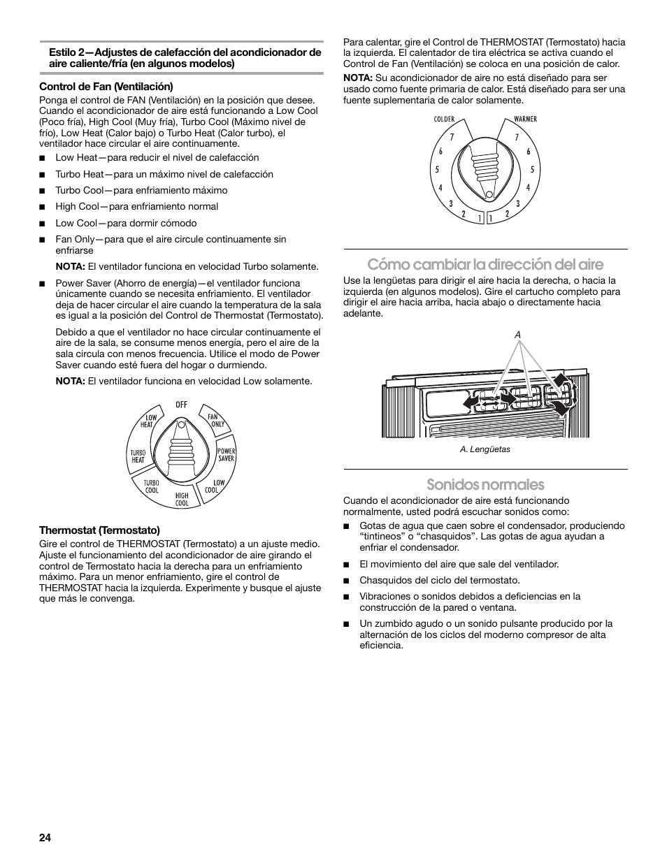 Cómo cambiar la dirección del aire, Sonidos normales | Whirlpool ACE082XP1 User Manual | Page 24 / 28