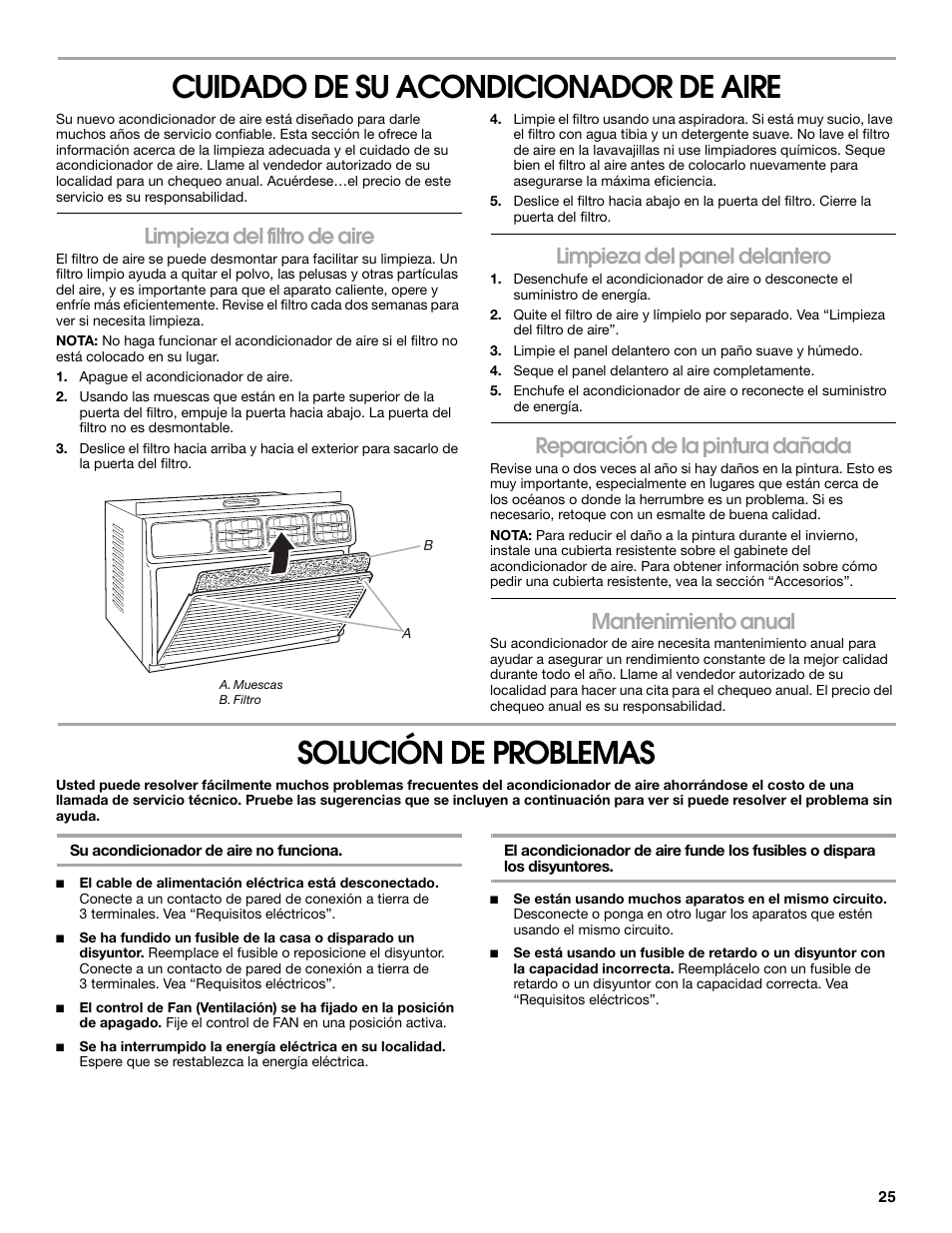 Cuidado de su acondicionador de aire, Solución de problemas, Limpieza del filtro de aire | Limpieza del panel delantero, Reparación de la pintura dañada, Mantenimiento anual | Whirlpool ACE082XP1 User Manual | Page 25 / 28