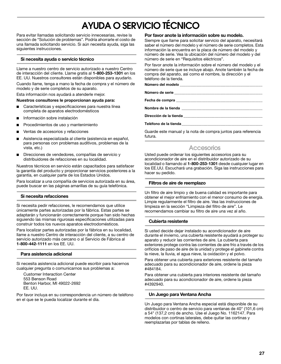 Ayuda o servicio técnico, Accesorios | Whirlpool ACE082XP1 User Manual | Page 27 / 28