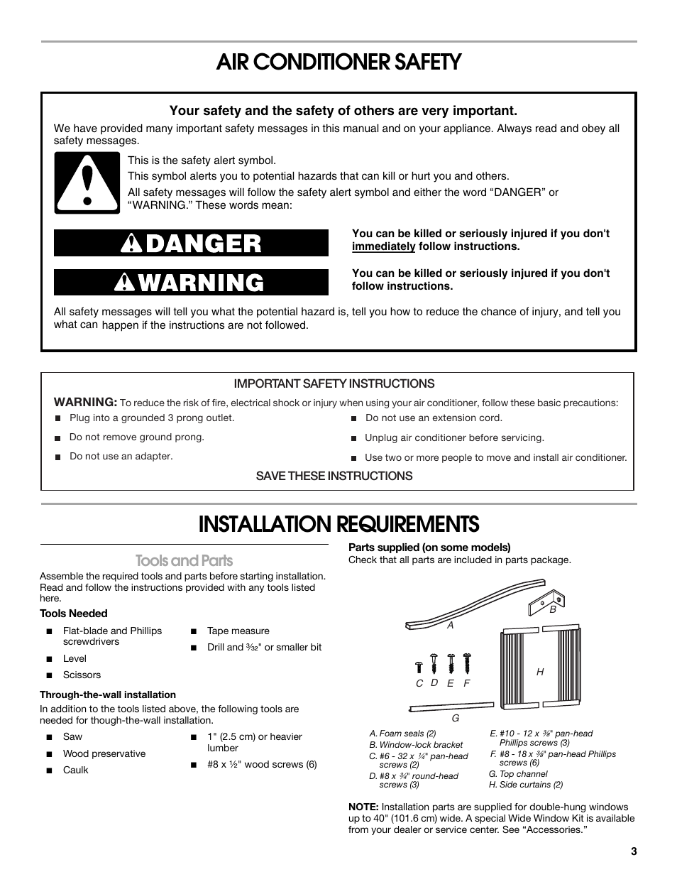 Air conditioner safety installation requirements, Tools and parts | Whirlpool ACE082XP1 User Manual | Page 3 / 28