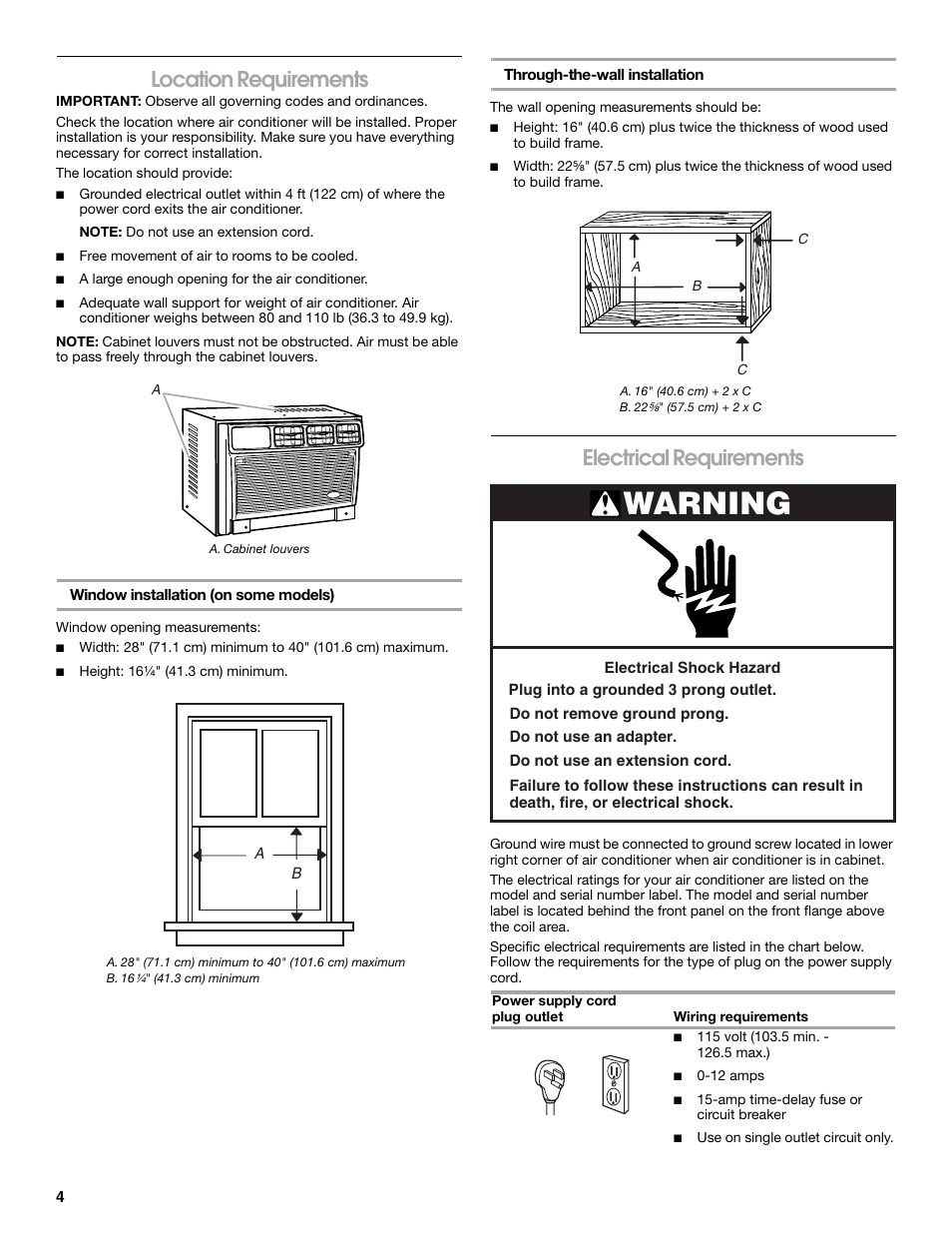 Warning, Location requirements, Electrical requirements | Whirlpool ACE082XP1 User Manual | Page 4 / 28