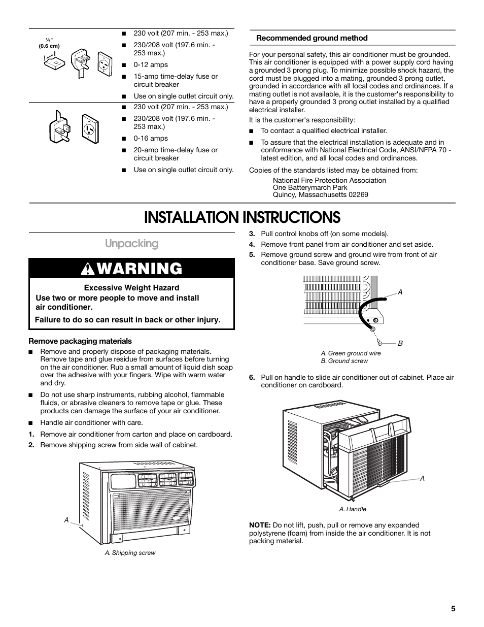 Installation instructions, Warning, Unpacking | Whirlpool ACE082XP1 User Manual | Page 5 / 28