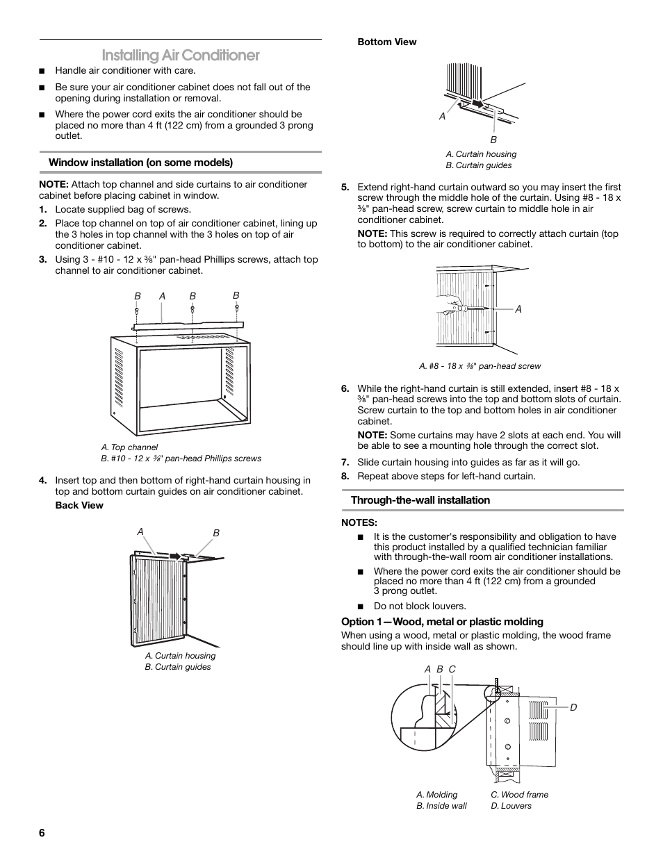 Installing air conditioner | Whirlpool ACE082XP1 User Manual | Page 6 / 28