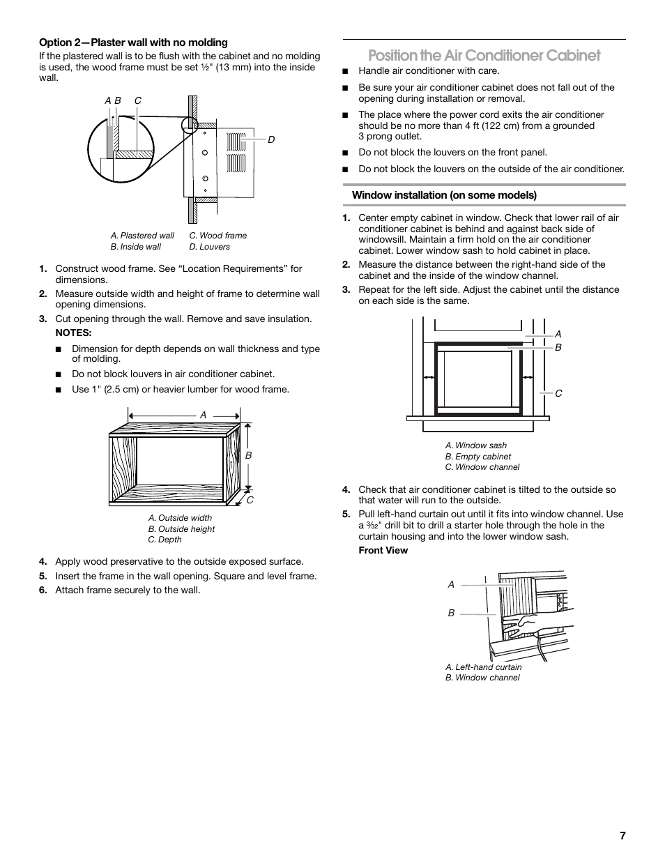 Position the air conditioner cabinet | Whirlpool ACE082XP1 User Manual | Page 7 / 28