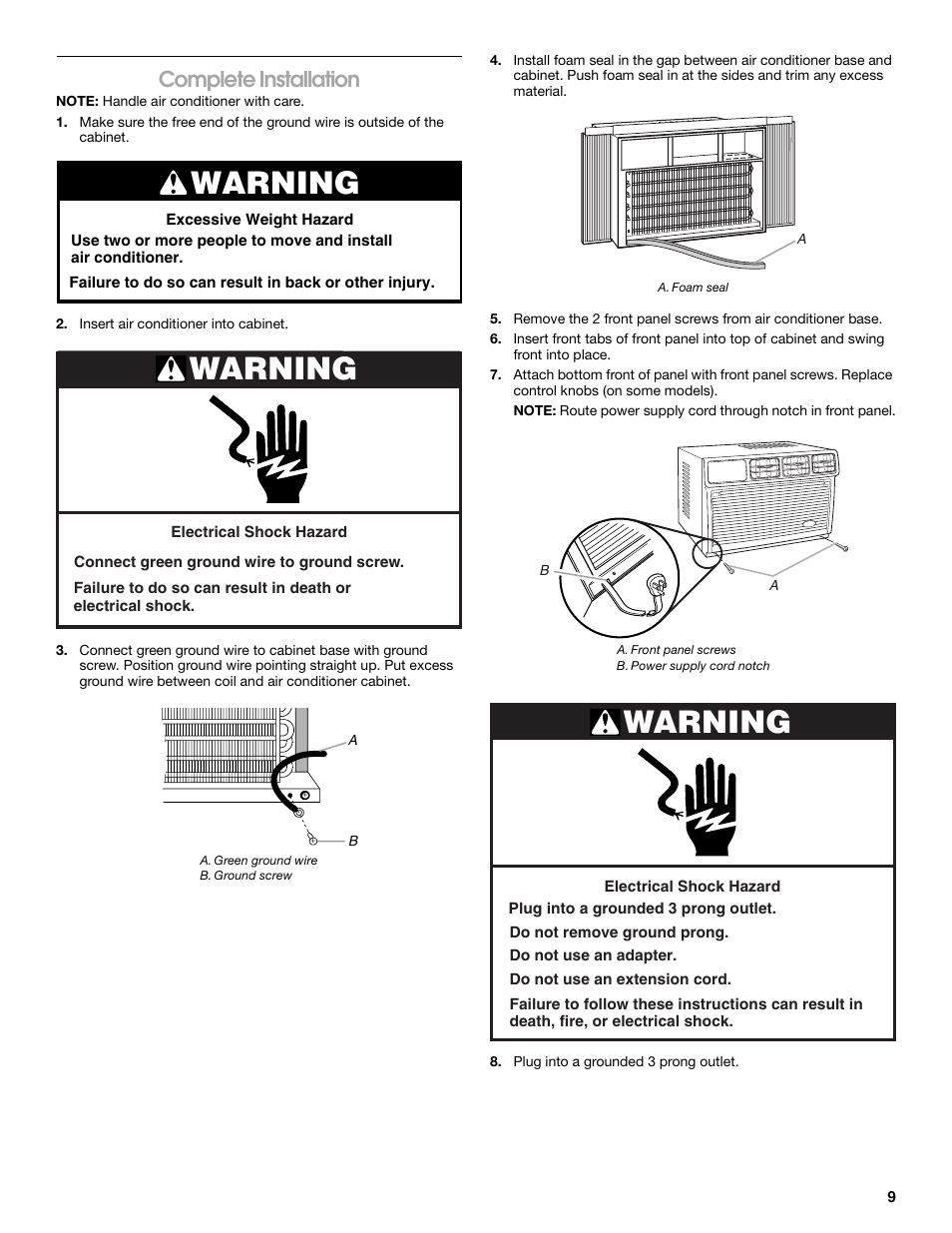 Warning, Complete installation | Whirlpool ACE082XP1 User Manual | Page 9 / 28